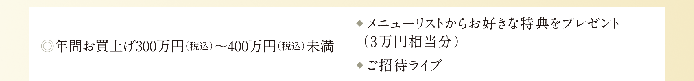 年間お買上げ300万円（税込）～400万円（税込）未満 ・ニューリストからお好きな特典をプレゼント(3万円相当分）・ご招待ライブ