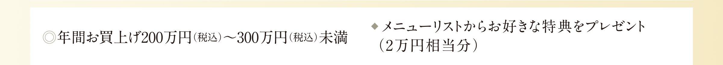 年間お買上げ200万円（税込）～300万円（税込）未満 ・ニューリストからお好きな特典をプレゼント(2万円相当分）