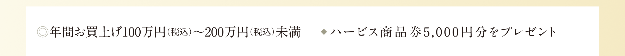 年間お買上げ100万円（税込）～200万円（税込）未満 ・ハービス商品券5,000円分をプレゼント