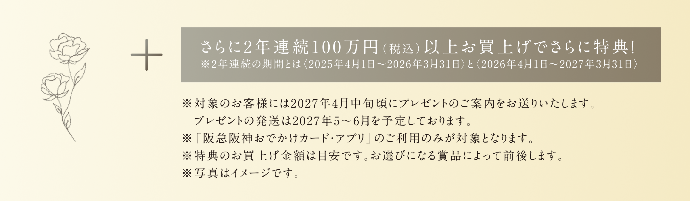 さらに2年連続100万円（税込）以上お買上げでさらに特典！ ※2年連続の期間とは〈2025年4月1日～2026年3月31日〉と〈2026年4月1日～2027年3月31日〉 ※対象のお客様には2027年4月中旬頃にプレゼントのご案内をお送りいたします。プレゼントの発送は2027年5~6月を予定しております。 ※「阪急阪神おでかけカード・アプリ」のご利用のみが対象となります。 ※特典のお買上げ金額は目安です。お選びになる賞品によって前後します。 ※写真はイメージです。